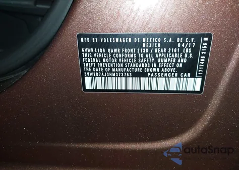 2017 Volkswagen Jetta 1.4T S z USA, uszkodzony, nr VIN 3VW2B7AJ3HM373753